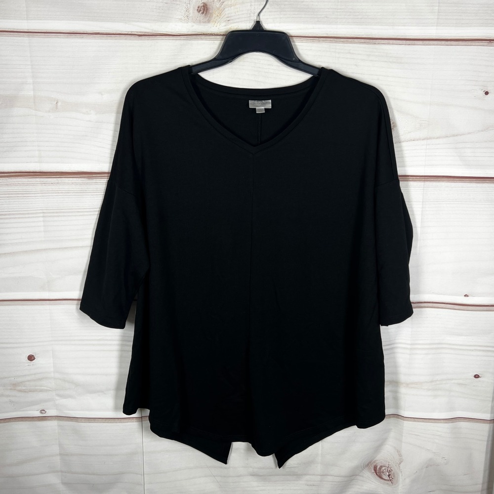 Avenue V-Neck Top Women 18 20 Black Solid 3/4 Sleeve Split‎ Back Comfort Lounge
